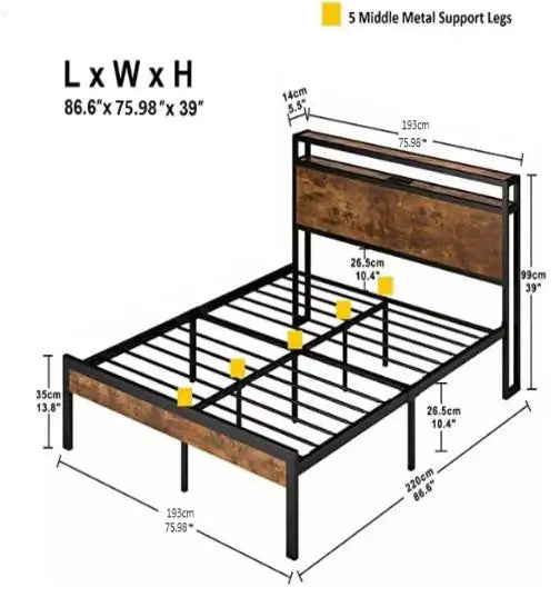 King Size Metal Platform Bed Frame With Wooden Headboard And Footboard With USB LINER