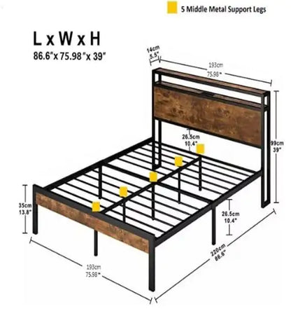 King Size Metal Platform Bed Frame With Wooden Headboard And Footboard With USB LINER