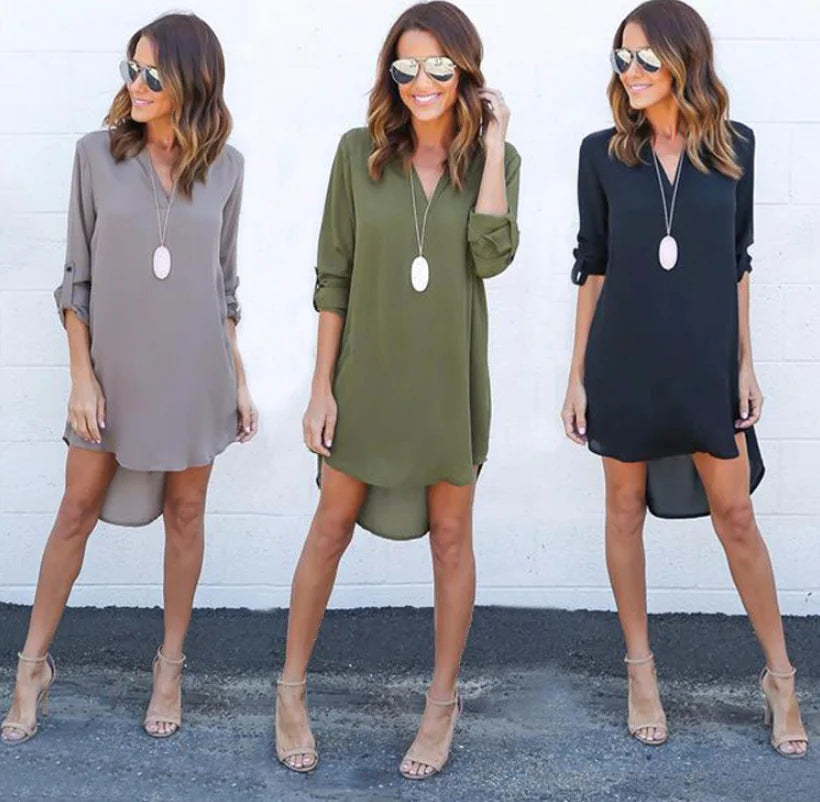 Chiffon Long Sleeve V-Neck Dress with Asymmetrical Hem