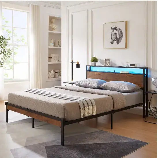 Full Size Metal Platform Bed Frame With Wooden Headboard And Footboard With USB LINER Box Spring Needed
