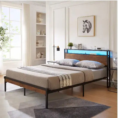 Full Size Metal Platform Bed Frame With Wooden Headboard And Footboard With USB LINER Box Spring Needed