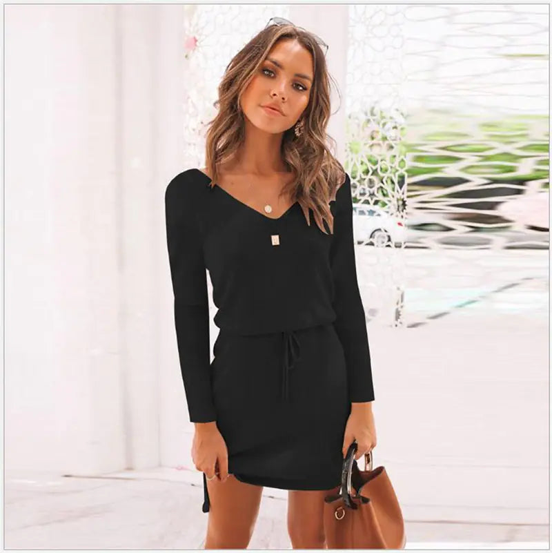 Solid Color V-Neck Dress with Asymmetrical Hem