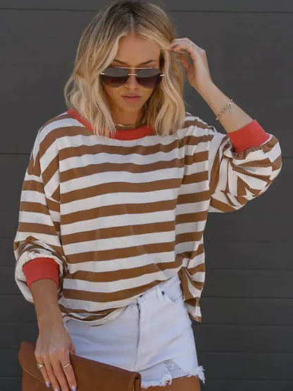 Women's Oversized Striped O-neck Long Sleeve T-shirt