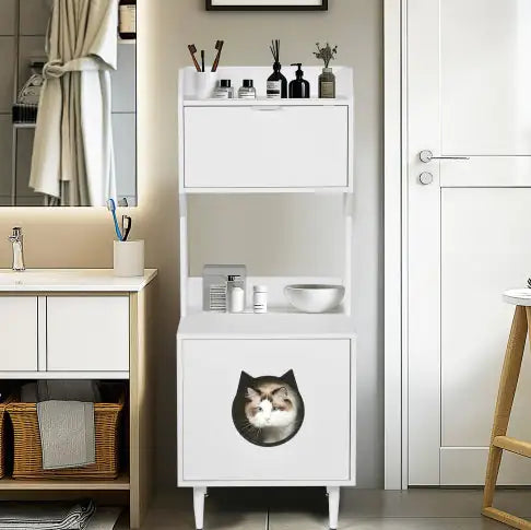 Litter Box Enclosure With Shelves And Doors White Wooden Hidden Cat