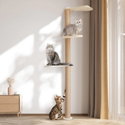 Wood Cat Tower Floor to Ceiling Adjustable Tree Tall Cat Scratching Post Cat Tree