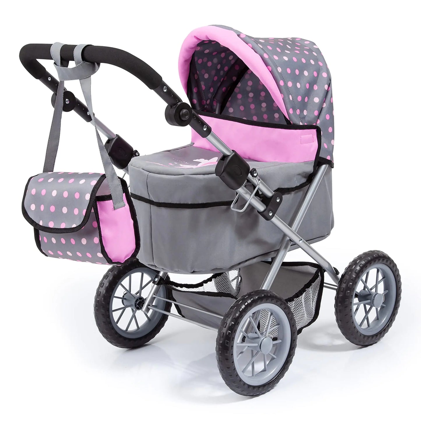 Bayer Design Dolls: Trendy Pram - Grey Pink Dots - Includes Shoulder Bag Fits Dolls Up to 18" Adjustable Handle