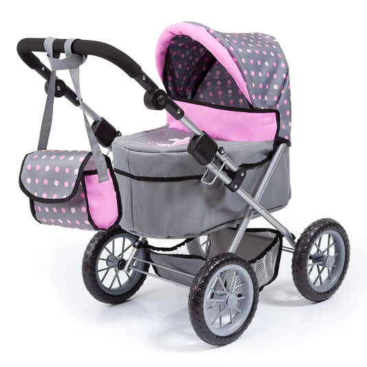 Bayer Design Dolls: Trendy Pram - Grey Pink Dots - Includes Shoulder Bag Fits Dolls Up to 18" Adjustable Handle