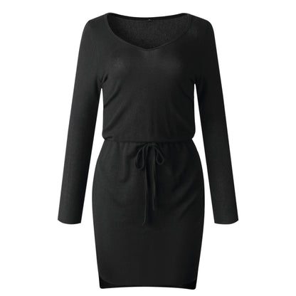 Solid Color V-Neck Dress with Asymmetrical Hem