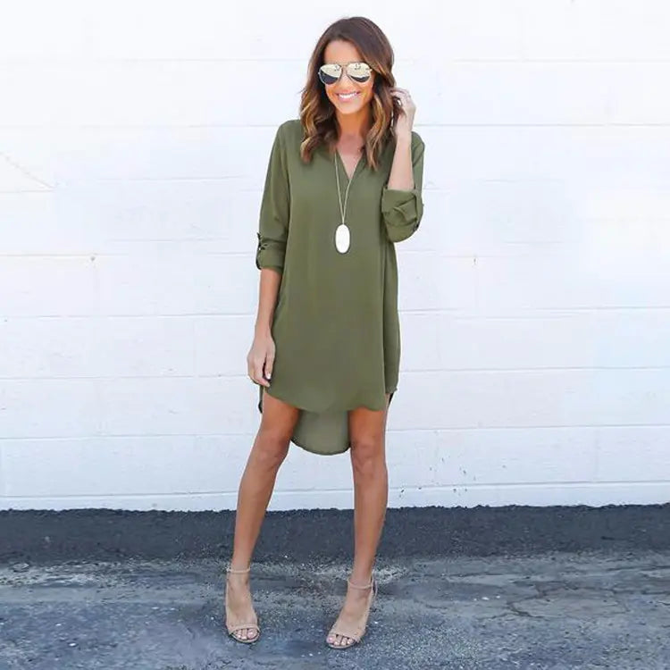 Chiffon Long Sleeve V-Neck Dress with Asymmetrical Hem