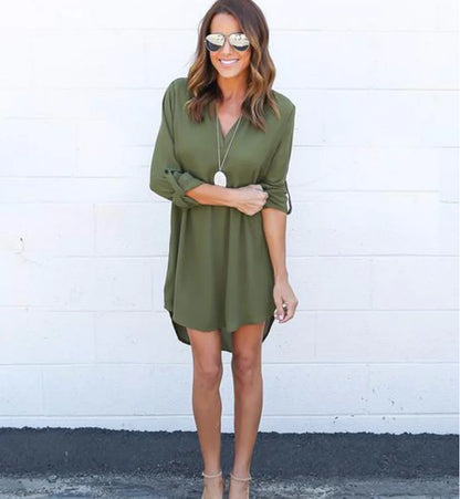 Chiffon Long Sleeve V-Neck Dress with Asymmetrical Hem